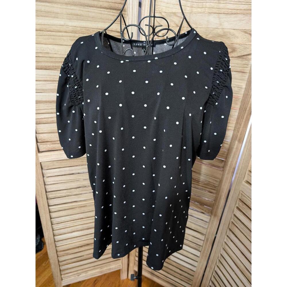 Women's Como Black XL Plus Black Dot‎ Rhinestone Trim Knit Top